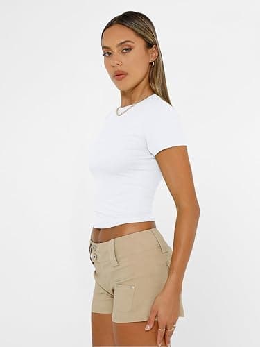 Trendy Queen Womens Short Sleeve T Shirts Summer Crop Tops Basic Slim Fit Gym Workout Y2k Clothes thumbnail 4