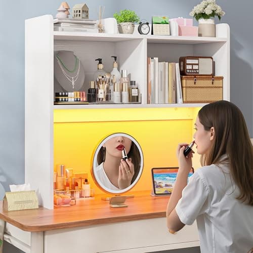 REIBII Desk Hutch Dorm for Computer Monitor Up to 27", Dorm Desk Hutch Top Only with RGB Light Strip, Wooden Desktop Bookshelf with 6 Shelves, 3-Tier Desktop Shelf for Home Office Dorm, White thumbnail 6