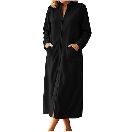 Nexjolva Women Zip Up Fleece Robe Plush Bathrobe Stand Collar Sleepwear | Soft Material. Loose Patch Pockets. Convenient Full Length Front Zipper. Excellent Layering Piece for Chilly House Chores. - Image 1