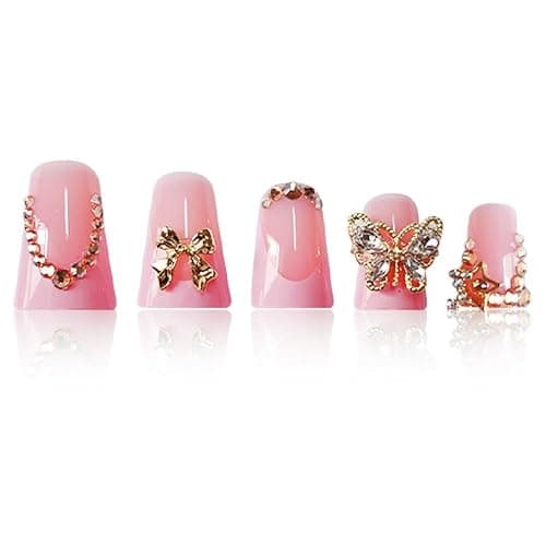 Pink French Tips Press on Nails Medium Duck Fake Nails with Gold Butterfly Bow Rhinestone Charm Design Duckbill False Nails Glossy Skin Tones Stick on Nails Summer Nails for Women Girls Manicure 24Pcs thumbnail 4