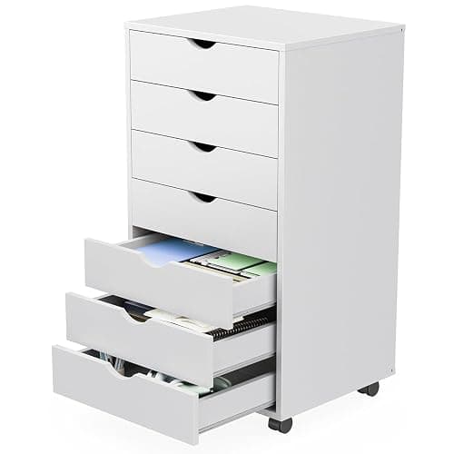 Simple Deluxe 7 Drawer Chest Mobile Storage Cabinets Wooden Dresser with Wheels Room Organization Furniture for Office, Pure White - Image 1
