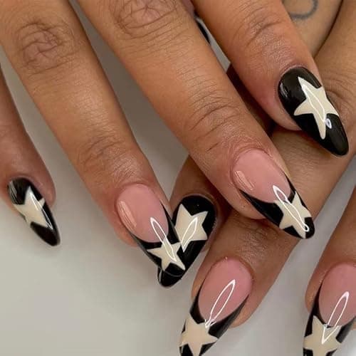IOSPKKIO® 24 Stück Y2K Künstliche Nägel Lange Falsche Nägel Französische Pentagramm-Acrylnägel für Frauen und Mädchen, Acrylic natürlich Drücken auf den Nägeln - Image 1