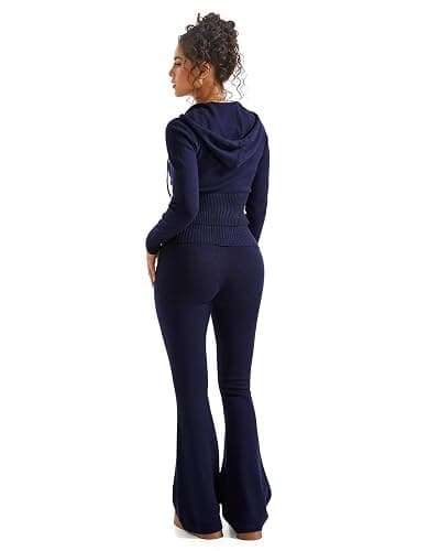 SUUKSESS Women 2 Piece Knit Sets Cropped Zip Up Hoodie Foldover Flare Leg Pants thumbnail 3
