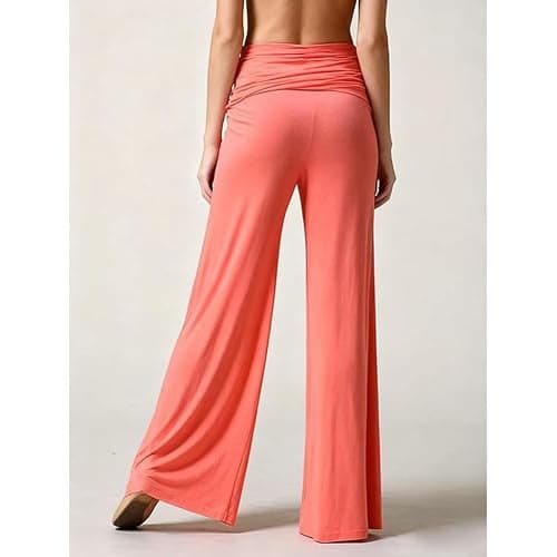 Coral Foldover Pants, Wide Leg High Fold Over Waist Palazzo Pant, Corals Pants Fold Over Yoga thumbnail 7