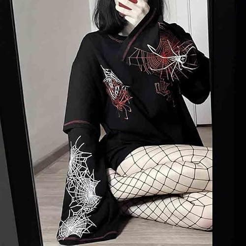 Women's Y2K Fake Two-Piece Design Casual Long Sleeved T-Shirt, Gothic Spider Web Pattern Slim Commuter top thumbnail 3