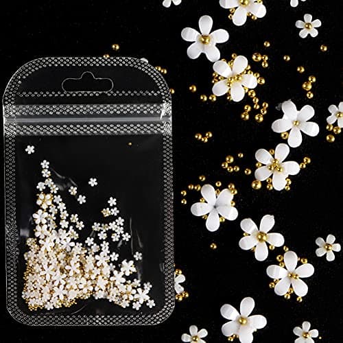 3D Flower Caviar Beads Nail Art Decals Charms for Nails, White Pink 3D Acrylic Flower Nail Charms with Pearl Golden Caviar Beads for Women DIY Manicures Salon Accessories thumbnail 7