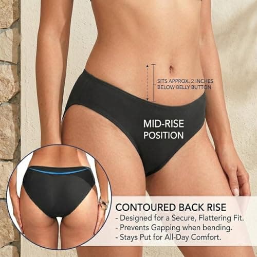 Zmart Women Full Coverage Bikini Bottoms - Mid Rise Bathing Suit Swim Bottom Swimsuit Swimwear Black M thumbnail 5