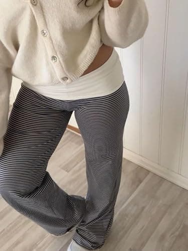 Women Y2k Fold Over Yoga Pants Colour Block Straight Leg Bottoms Low Rise Stretchy Lounge Trousers thumbnail 2