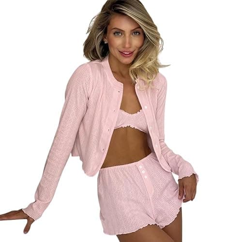 Women's 3 Piece Lounge Set Ribbed Knit Pajamas | Long Sleeve Cardigan Crop Tank Top and Shorts Sleepwear Outfit, Skin-friendly and breathable knit fabric - Image 1
