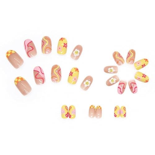 Oval Press on Nails Short Round Fake Nails Cute Acrylic Nails with Swirl Flower Designs Stick on False Nails Full Cover Yellow Nude Nails for Women Girls 24pcs thumbnail 3