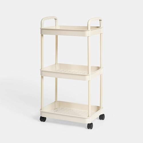 OHS 3 Tier Storage Trolley on Wheels Plastic Kitchen Trolleys for Book Beauty Rolling Storage Cart Organiser Utility Cart for Living Room Bathroom Office, Cream thumbnail 4