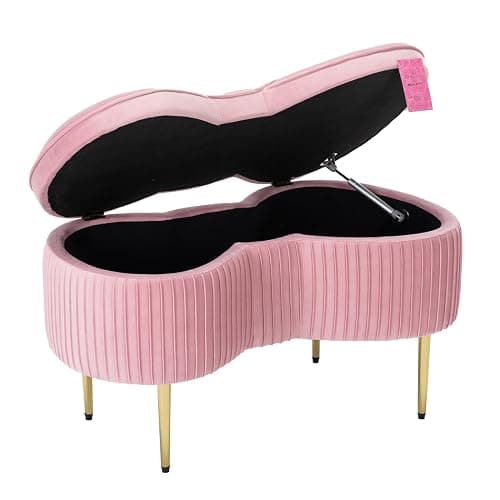 Impressions Vanity Hello Kitty Bow Velvet Storage Bench for Bedroom and Living Room, Luxurious Design Foam Padded Upholstered Ottoman Bench Seat Organizer with Gold Metal Legs (Pink) thumbnail 4