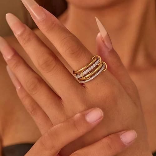 Canboer 14K Gold Plated Interlocked Stackable Rings for Women Non Tarnish,Gold and Silver Cubic Zirconia Statement Rings Set,Mixed Metals Ring Two-Toned Connected Bands Stacking Jewelry thumbnail 8