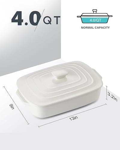 Large Ceramic Casserole Dish with Lid, 4.0 Quart Covered Rectangular Stoneware Baking Dishes for Oven, Deep 9x13 Inch Lasagna Pans for Baking and Serving, Perfect for Christmas Gifts, White thumbnail 3