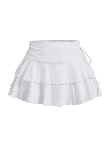 PRSFPN Women's Y2k Mini Ruffle Skirts with Shorts Tiered Layers Cute Elastic Waist Coquette Skort Drawstring Side Bow Tie - Image 1