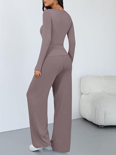 Trendy Queen Women's 2 Piece Matching Lounge Sets Long Sleeve Henley Neck Slightly Crop Top Wide Leg Pants Casual Sweat Suit thumbnail 4
