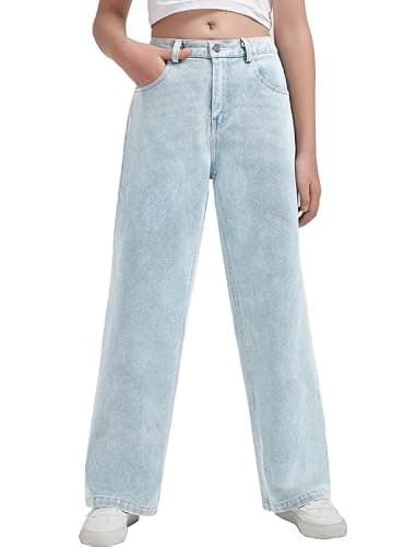 EXARUS Girls Wide Leg/Flare Jeans Bow Embroidery/Leopard Print Denim Pants with Pockets Casual for Kids 6-14Y thumbnail 2