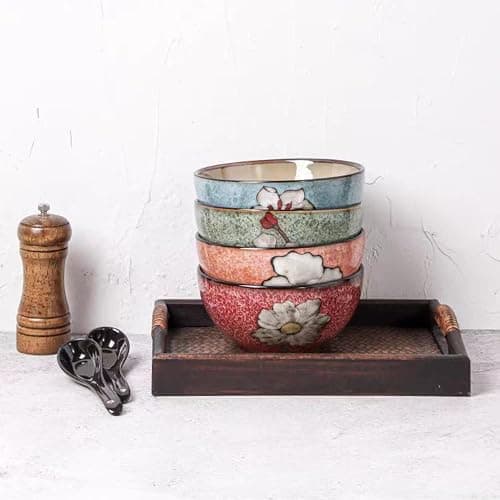 Ceramic Bowls For Kitchen, 28oz - Bowl Set of 4 - For Cereal, Salad, Pasta, Soup, Ramen, Serving etc - Dishwasher, Microwave, and Oven Safe - For Breakfast, Lunch and Dinner (Blue+Red+Green+Pink) thumbnail 2