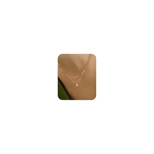 ROAMORE 2 PCS Layered Necklaces For Women 14K Gold Plated Stackable Chain Choker Dainty Silver Layering Necklace Cubic Zirconia Pendant Set Simple Jewelry - Image 1