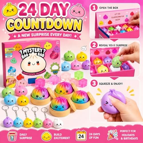 24PCS Squishy Fun Box Mystery Pack, Dumplings Squishies Advent Calendar, Slow Rising Dumpling Stress Balls Mini Dumpling Set Pack Party Favor Gifts for Adult thumbnail 6