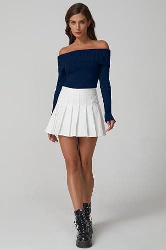 QINSEN Cotton Off The Shoulder Sweater for Women Long Sleeve Ribbed Knit Pullover Sweater Slim Fit Going Out Tops thumbnail 3