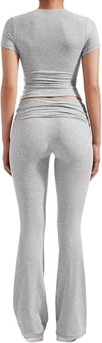 ZFLM Casual Workout Two Piece Outfits for Women Short Sleeve Crop High Waist Foldover Flare Pants Tracksuit Sets Streetwear thumbnail 4