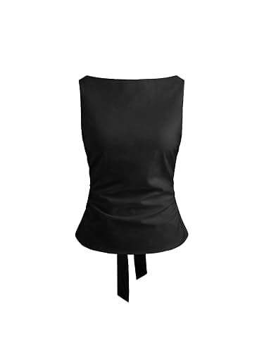CIDER Shirts for Women Boat Neck Sleeveless Tank Top Linen Blend Solid Bowknot Regular Fit Blouses Woman - Image 1