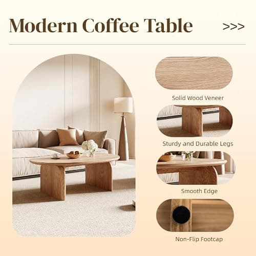 Honyee Modern Oval Coffee Table, Small Coffee Tables for Living Room - Oak Wood Top with Solid Legs, Wooden Center Table Easy Assembly for Living Room &Bedroom,Office, Natural thumbnail 7