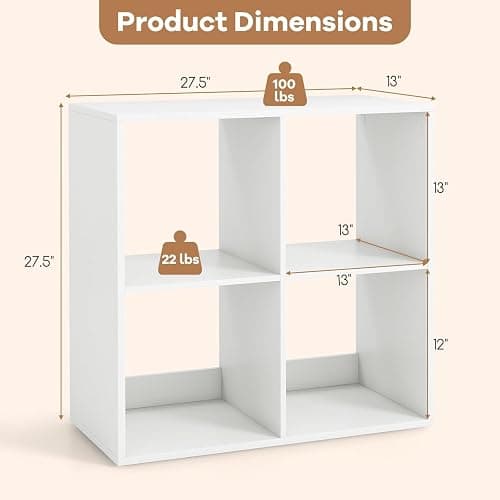 POWERSTONE 4 Cube Storage Organizer, 2 Tier Cubby Bookshelf, White | Freestanding Bookcase w/Back Guardrail, Open Back Display Rack for Living Room, Bedroom, Study thumbnail 2