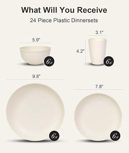 Quatish 24 Piece Plastic Plates and Bowls Sets for 6, Unbreakable Plastic Dinnerware Sets, Dish Set for Camping, Dishwasher Microwave Safe, Outdoor Kitchen and Apartment Dinning Essentials, Beige thumbnail 3
