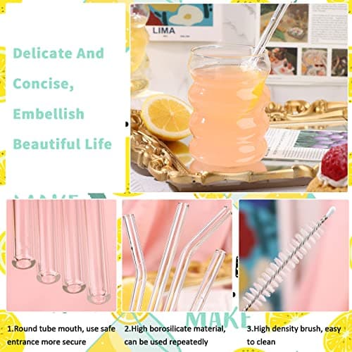 SevenMye 4 Pack Creative Beer Glasses Cups Ripple Shaped Vintage Clear Drinking Glasses with Straws Set Cute Drinking Glasses Coffee Glasses Ribbed Glassware Aesthetic Cups for Kitchen Juice Beverage thumbnail 3