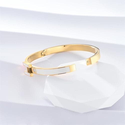 Hothink Gold Bracelets for Women, H Bangle Bracelet, Dainty 18K Gold Plated Stainless Steel Enamel Bracelet for Everyday, Work, Party, Stackable Gift for Mom, Wife, Girlfriend thumbnail 6