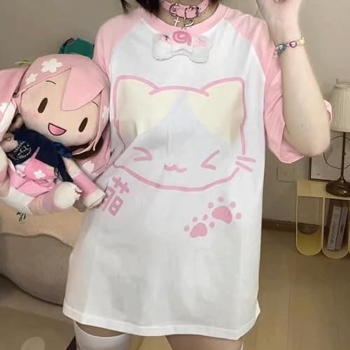 RILGOU Harajuku Kawaii Crewneck Cartoon Graphic Cute Kitty Print T-Shirt | Cutecore, Vintage Casual Style, Streetwear, Athleisure, Cotton Materials, Loose Fit, Raglan Short Sleeve, For Daily Wear thumbnail 3