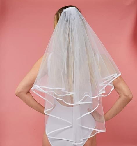White Bridal Veil 2 Tier Veil with white binding and sash Wedding Veil Bachelorette Party Bridal Shower thumbnail 5