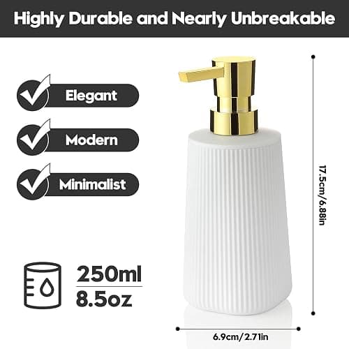 Small Soap Dispenser for Bathroom and Kitchen, Modern Farmhouse Striped Style Plastic Hand Soap Dish Soap Dispenser with Pump Matte White and Gold thumbnail 3