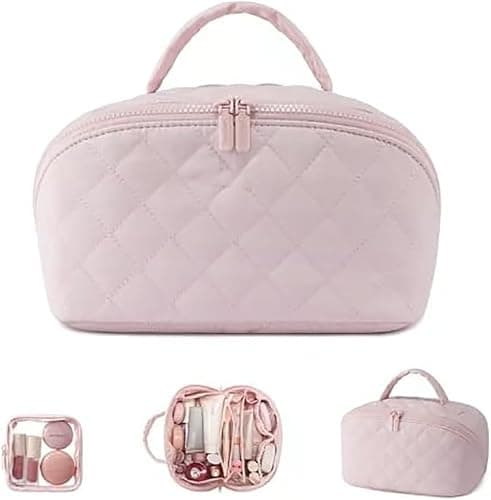 Makeup Bag for Woman, Wide Open Lay-Flat Water-Resistant Cosmetic Case, Festivalment Makeup Bag, Spacious 180° Open Cosmetic Organizer for Toiletries & Brushes Large Capacity with Compartments (Pink) - Image 1