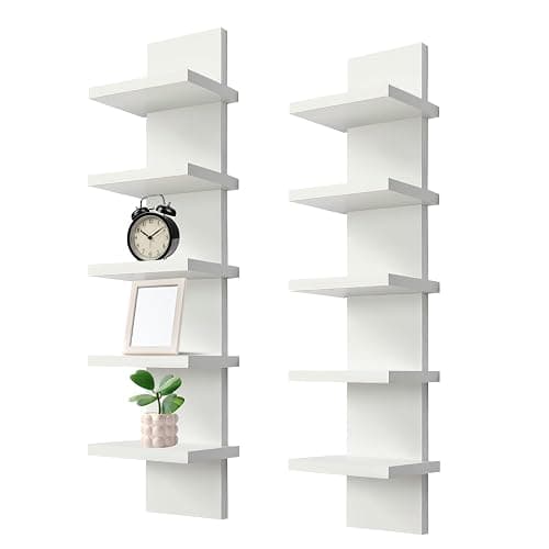 2 Pack 5 Tier Wall Shelf Unit - Narrow Smooth Laminate Finish - Vertical Column Wall Decor Mount Floating Storage Home Decor Organizer Tall Tower Utility Shelf for Bedrooms, Living Rooms(White) - Image 1