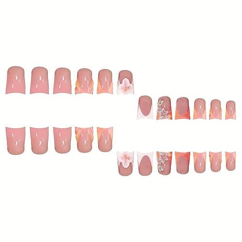 24Pcs Medium Press on Nails Duck Fake Nails Orange French Tip Nails Press on with Charms Star and Flower Designs False Nails Glossy Full Cover Acrylic Nail Glue on Nail for Women Girls thumbnail 2