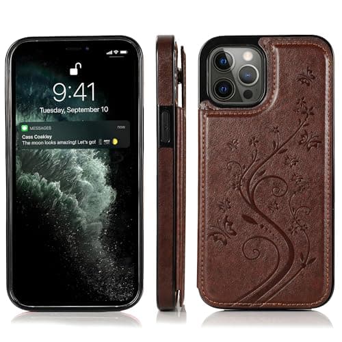 YAOZOCASE for iPhone Case,Retro Slim PU Leather Flower Butterfly Pattern Wallet,Card Holder Slots Full Body Military Grade Protection Soft Shockproof Phone Case (Brown,iPhone 16) - Image 1