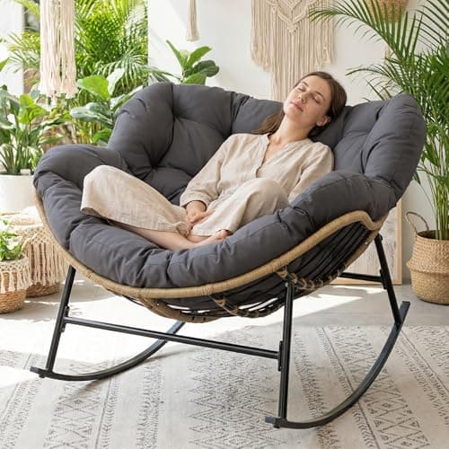 NICESOUL Outdoor Papasan Rocking Chair with Cushion, All-Weather Patio Egg Rocker, Oversized Rattan Glider for Reading & Relaxing, Large Comfy Recliner Lounge Chairs for Balcony Garden Backyard, Grey - Image 1