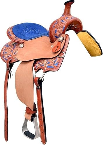 Royal Reins Leather Western Barrel Show Saddle Tan and Blue Dual Color Western Riding Saddle for Horse Durable Leather Comfortable Seat Secure Fit Equestrian Tack - Image 1