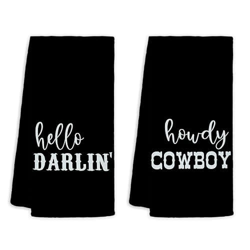 Jvpke Western Bathroom Decor,Couples Gifts,Western Kitchen Bath Towels,Hello Darlin Howdy Cowboy Kitchen Towels Set of 2,Gifts for Couples,Western Dish Towels,Western Hand Towels 16×24 Inch(Black) - Image 1