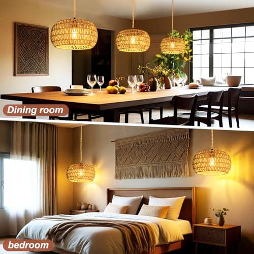 Eqquorva Hanging Lights with Plug in Cord Rattan Hanging Lamp Boho Ceiling Light Fixtures Farmhouse Pendant Lamp Shape for Living Room Bedroom Kitchen thumbnail 6