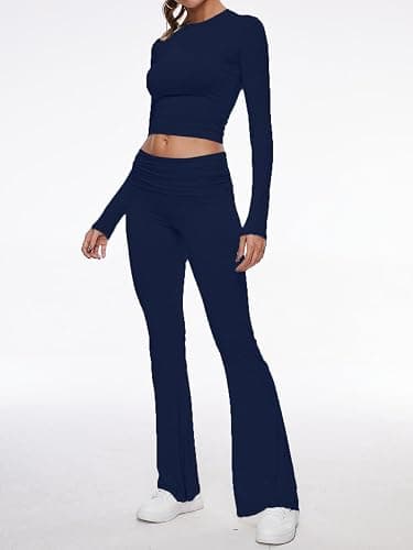 AnotherChill Women's 2 Piece Lounge Sets Fold-over Flare Pants Set Long Sleeve Cropped Top Casual Outfits Pajamas thumbnail 2