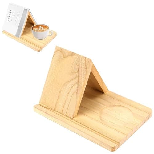 Gachiwar Triangle Book Holder, Wood Bookshelf Present for Mum, Wooden Book Stand for Bedside Desk Table Decor with Coffee Drink Holder for Book Lover