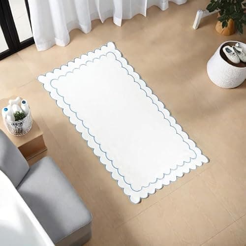laoyuandamai ﻿ Scalloped Bath Mat Towel 100% Cotton Cute Bath Mats White Bath Rugs Embroidery Preppy Bathmats Bathroom Shower Floor Mats Blue Bathroom Decor (Blue, 27.6 x 18.9in, Classic) thumbnail 4
