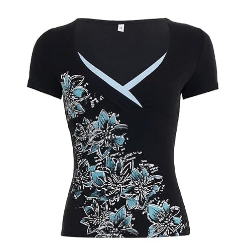 Fronage Y2K Floral Print Grunge Clothes Gothic V Neck Slim Fit Crop Tops Emo 2000s Short Sleeve T Shirt Whimsy Clothes thumbnail 4