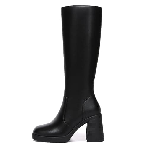 Athlefit Black Knee High Boots for Women Platform Tall Boots Fashion Square Toe Chunky Heeled Booties thumbnail 3