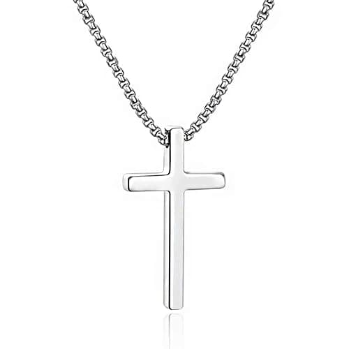 M MOOHAM Cross Necklace for Men, Silver Black Gold Stainless Steel Plain Cross Pendant Necklace for Men Box Chain 16-30 Inch - Image 1