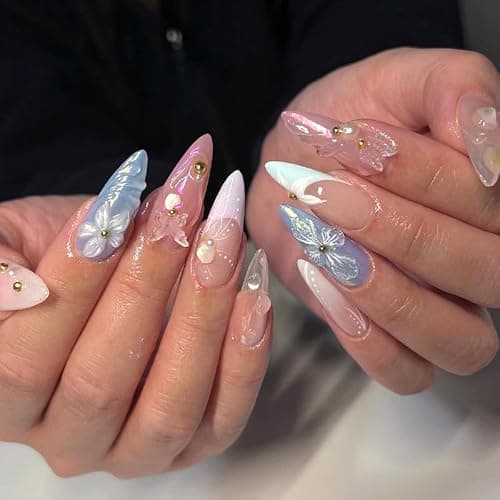 XZMeiLun Handmade 3D Flower Butterfly Blue Pink Press On Nails Almond Medium, Floral Pearl French Tip Designer Reusable Acrylic Fake Nails With Cute Charms Glue On Nails, Daily Wear Nails For Women - Image 1